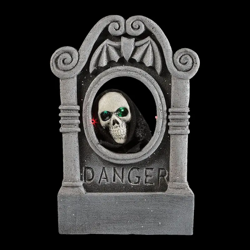 22” Gray Tombstone With Light-Up Moving Skeleton Head Halloween Decoration 1