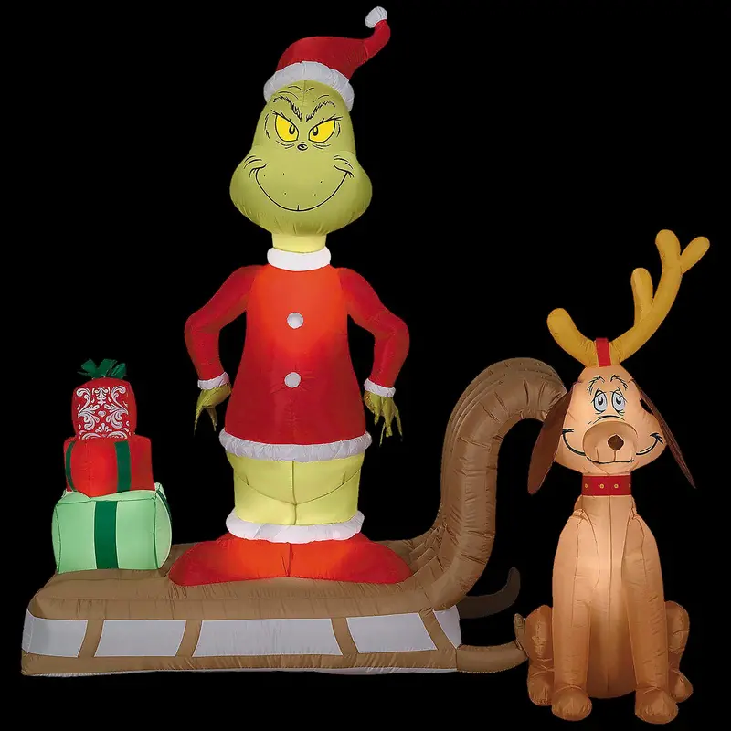Blow Up Inflatable 6 Ft. Dr. Seuss™ How The Grinch Stole Christmas Grinch & Max With Sled Outdoor Yard Decoration 1