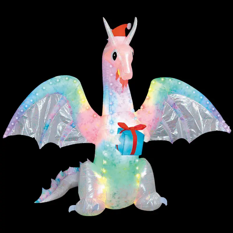 Blow Up Inflatable 6 Ft. Rainbow Lightshow Dragon With Flaming Mouth Christmas Outdoor Yard Decoration 1