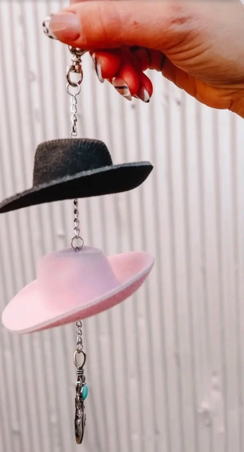 Cowboy Hat Rearview Mirror Charm Pink Feather 1