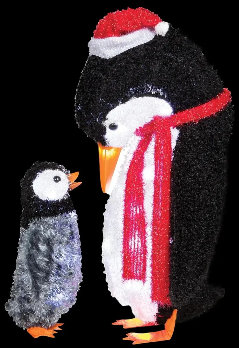 "Fuzzy Plush Mommy And Baby Penguin" Light Up Christmas Decoration 1