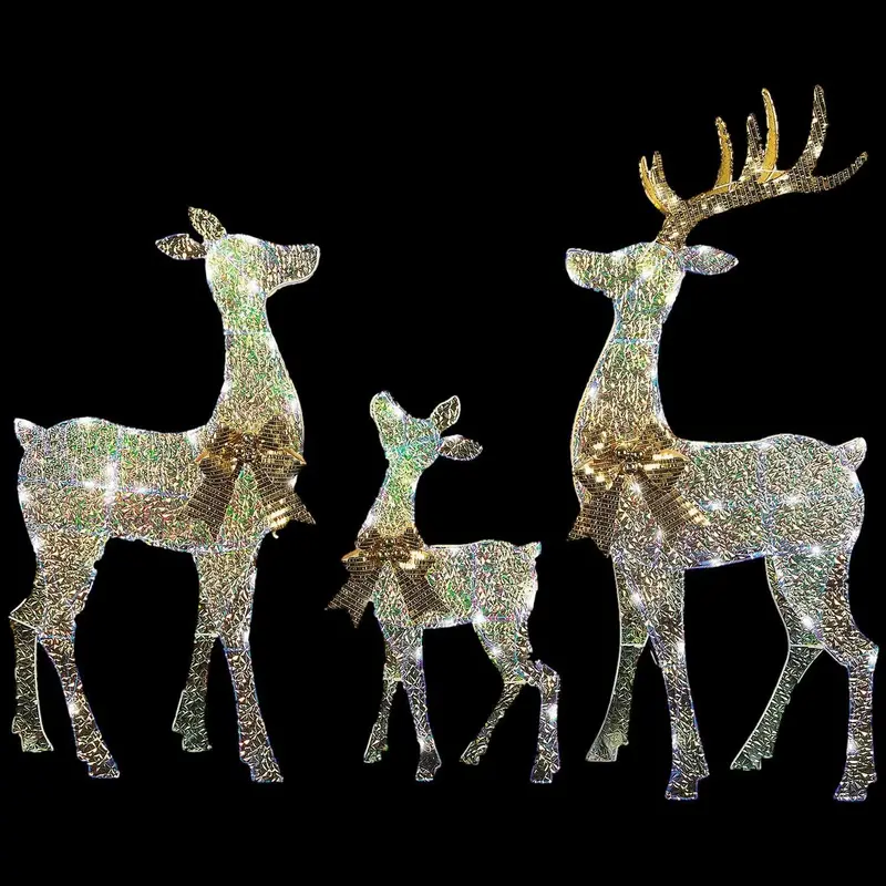 Reindeer Family Acrylic Iridescent Sculpture With Built-In Led Lights Christmas Outdoor Yard Decorations 1