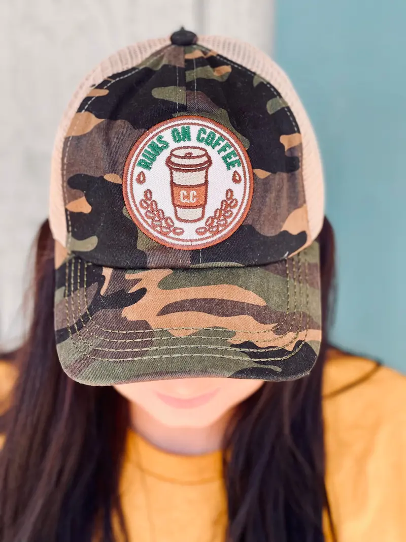Runs On Coffee Camo Cross Back Hat 1