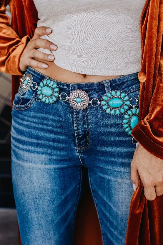 Silver And Turquoise Concho Chain Belt 1