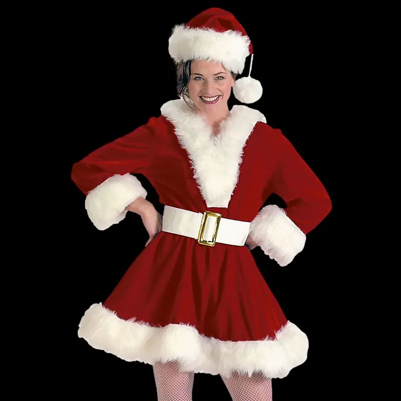 Women’S Burgundy Velvet Perky Pixie Mrs. Clause Dress Costume 1