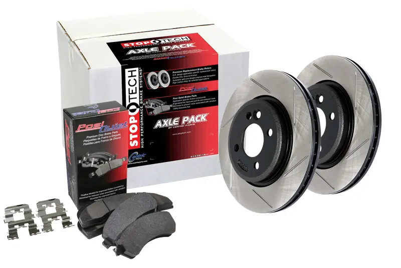 Stoptech 937.42028 Street Front Brake Kit – Slotted Rotors And Performance Pads 1